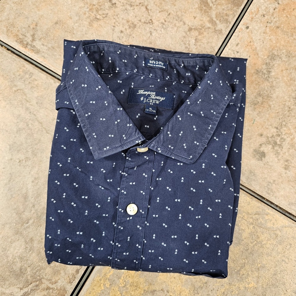 J.Crew Thompson Shirtings Mens XL Navy Blue Geometric Print Cotton Button Down